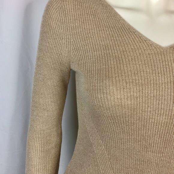 Ann Taylor Gold & Beige Knit Sweater Shimmer Pearl Buttons V-neck - Picture 6 of 7